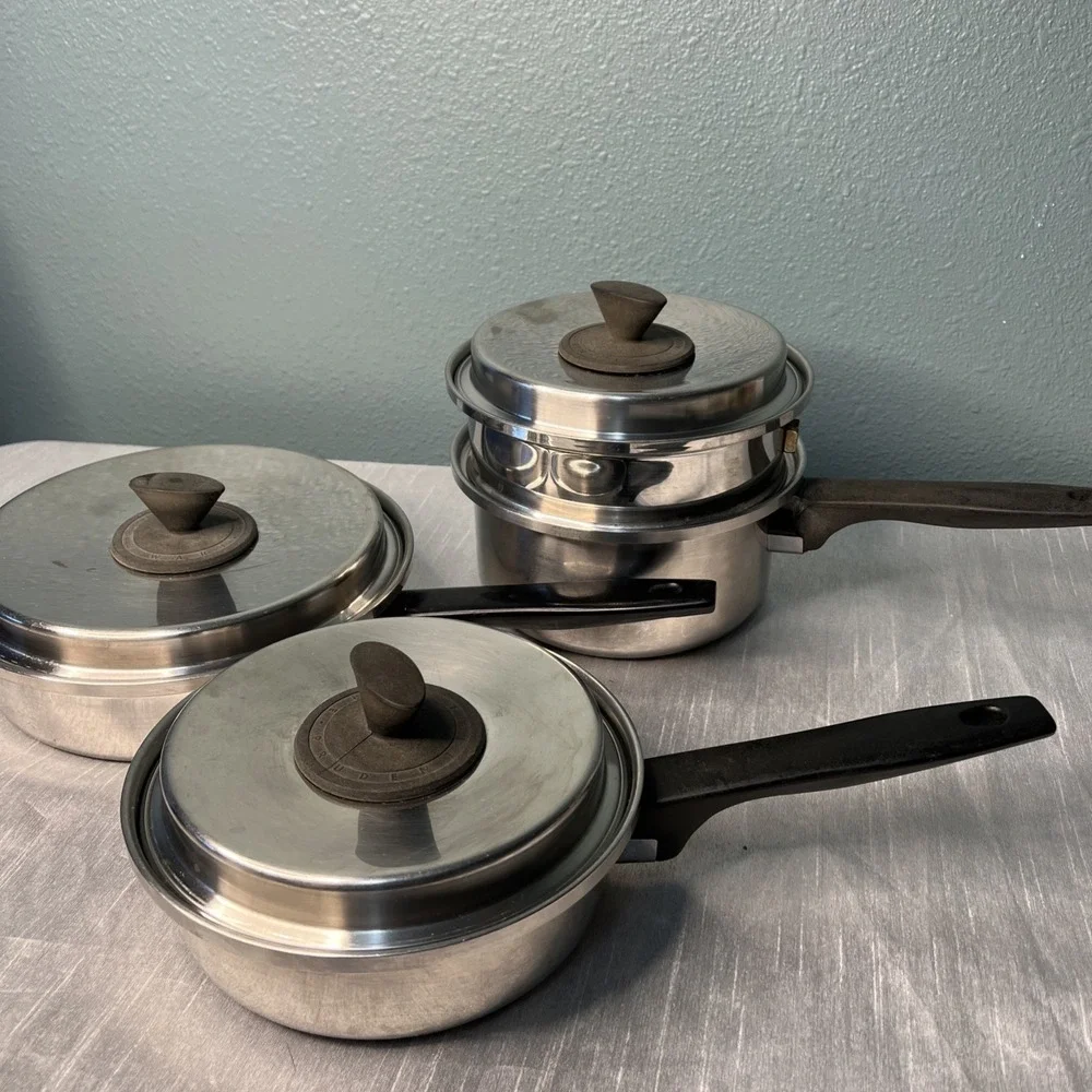 7pc Prudential Ware Tri-Clad Stainless Pans Skillet Double Boiler / Steamer Lids